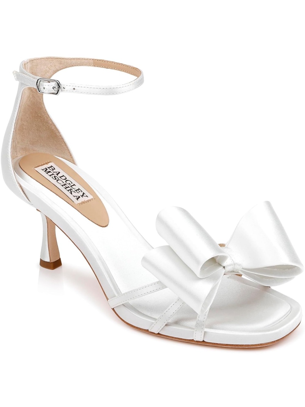 Brand New! Badgley Mischka White Satin Bow Ankle-Strap Heels (Size: 10)